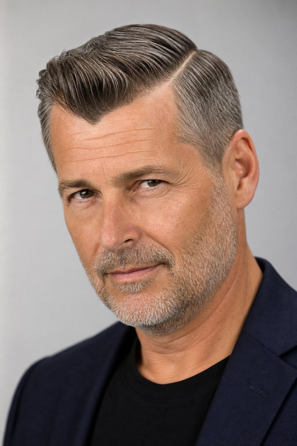Hard Part Comb Over on Salt-and-Pepper Hair