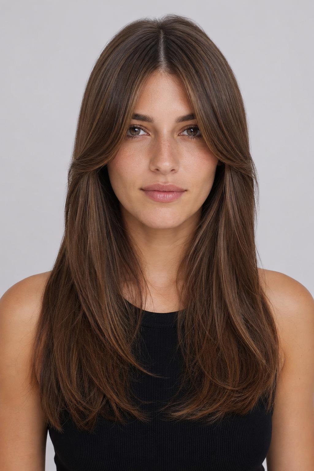Long Hair with Curtain Bangs Parted at the Widow's Peak