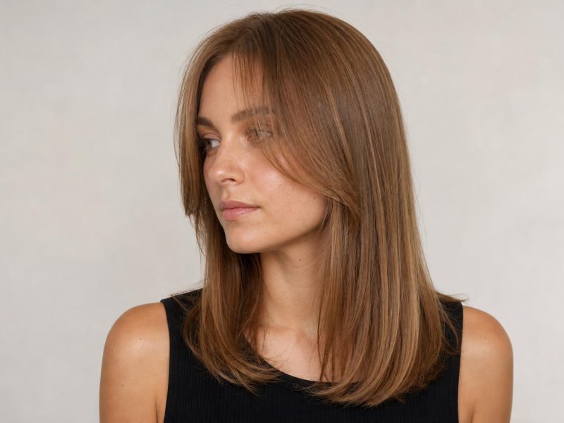 Wispy Curtain Bangs Parted at the Center on Fine Light Brown Hair