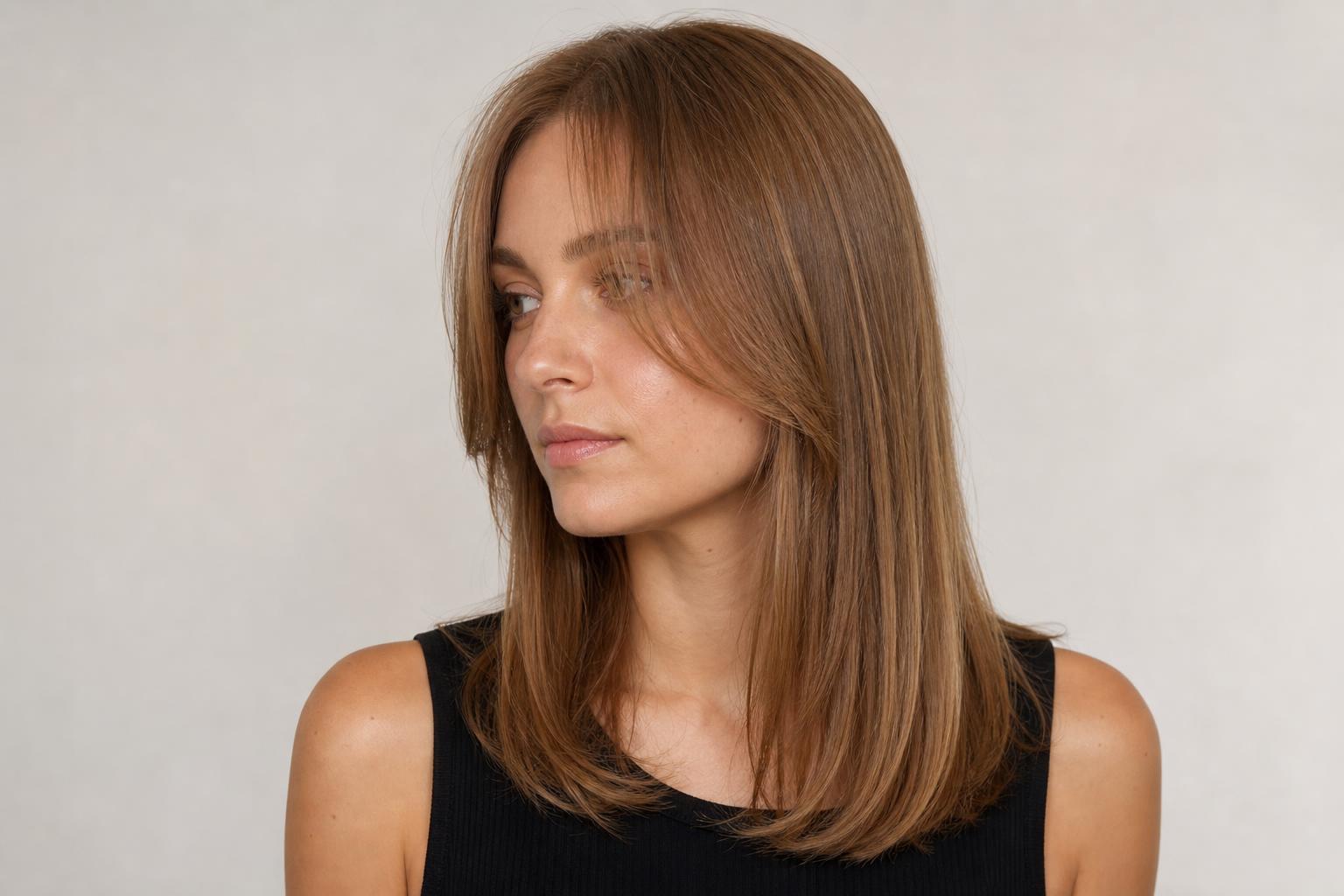 Wispy Curtain Bangs Parted at the Center on Fine Light Brown Hair