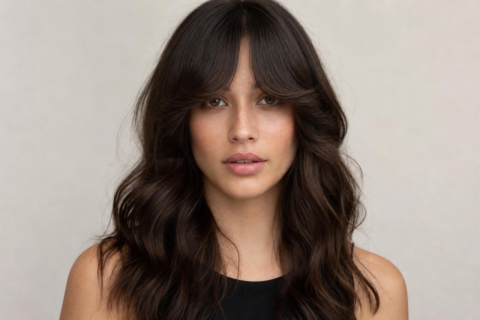 Full Curtain Bangs with a Defined Swoop on Thick Wavy Brunette Hair