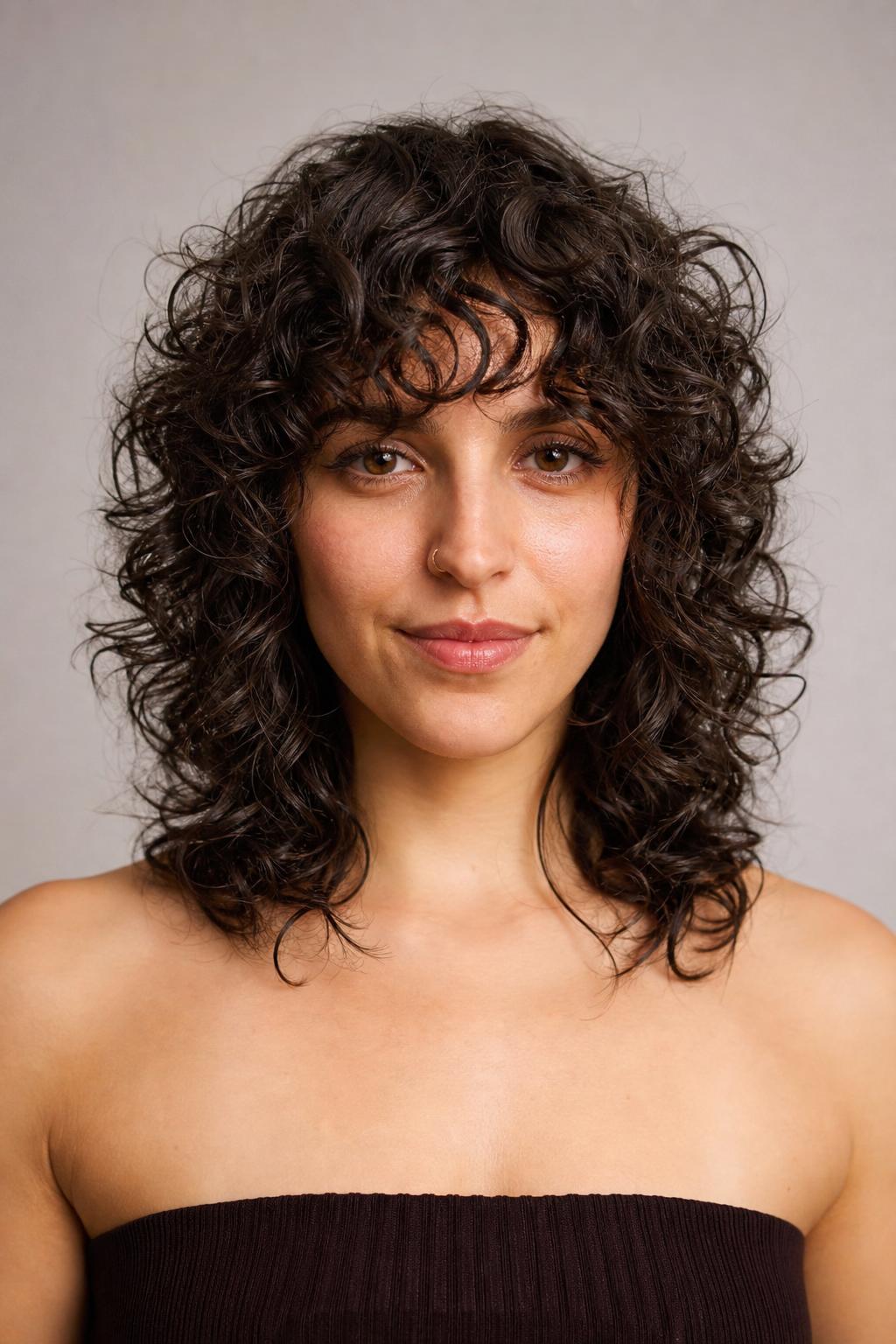 Wolf Cut with Bottleneck Bangs on Curly Hair