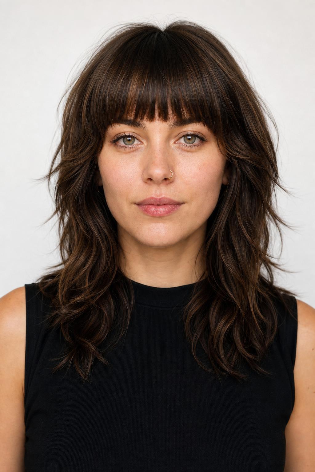 Wolf Cut with Brow-Grazing Blunt Bangs