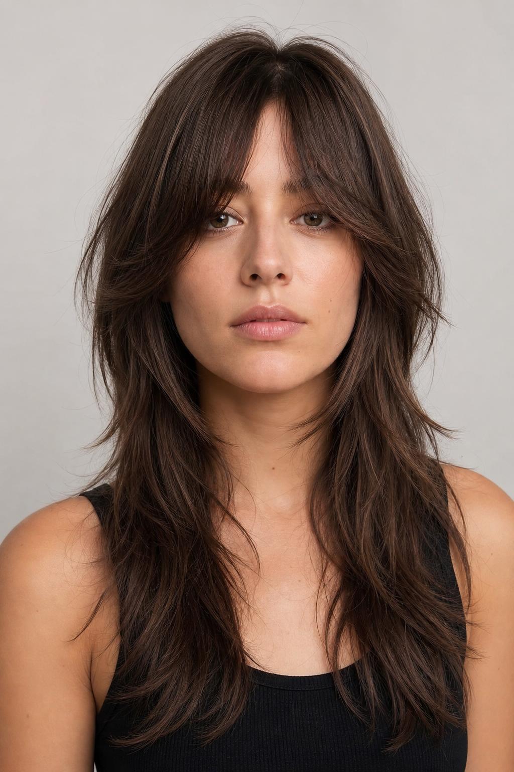 Long Wispy Bangs Blending into Wolf Cut Layers