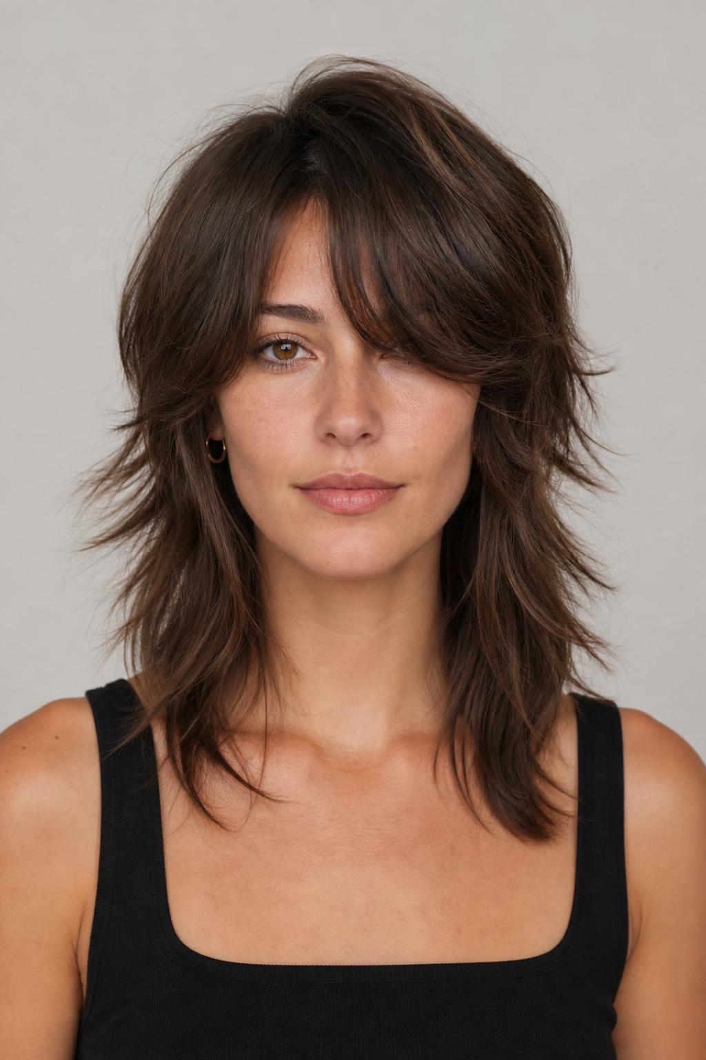 Wolf Cut with Long Curtain Bangs Swept to One Side