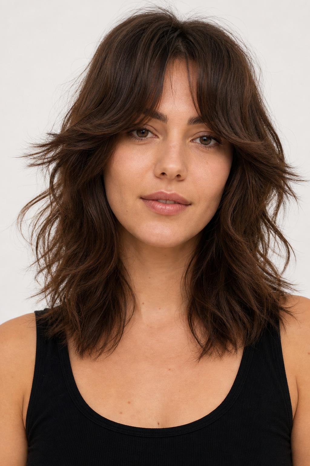 Wolf Cut with Curtain Bangs on Wavy Hair