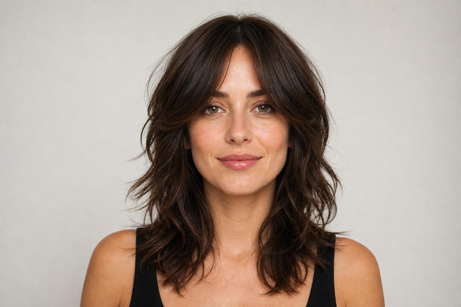 Wolf Cut with Curtain Bangs on Medium Length Wavy Brown Hair Woman