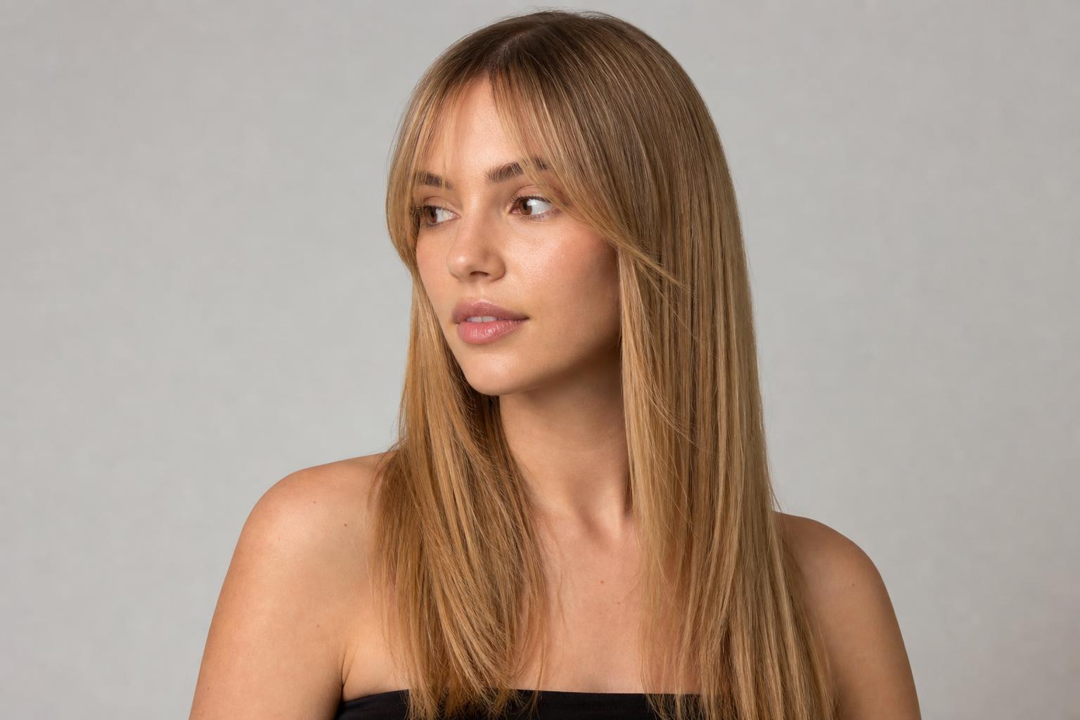 Y2K Bangs with Thin Wispy Fringe and Face-Framing Strands on Blonde Hair