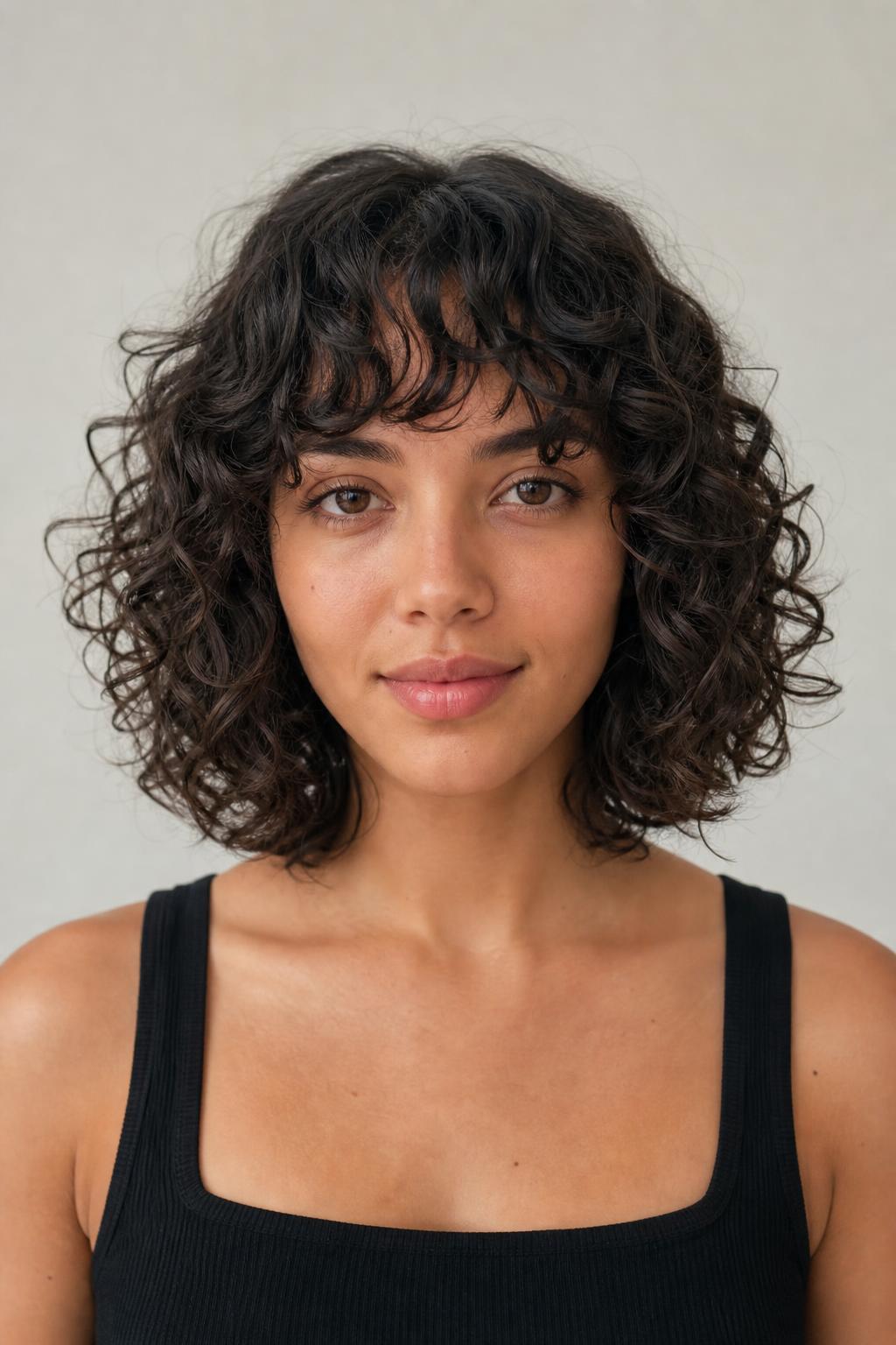 Bottleneck Bangs Melting into the Face-Framing Curls of a Lob