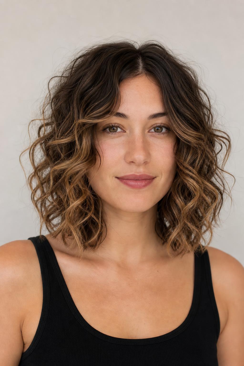 Caramel Balayage Tracing the Spirals of a Curly Lob