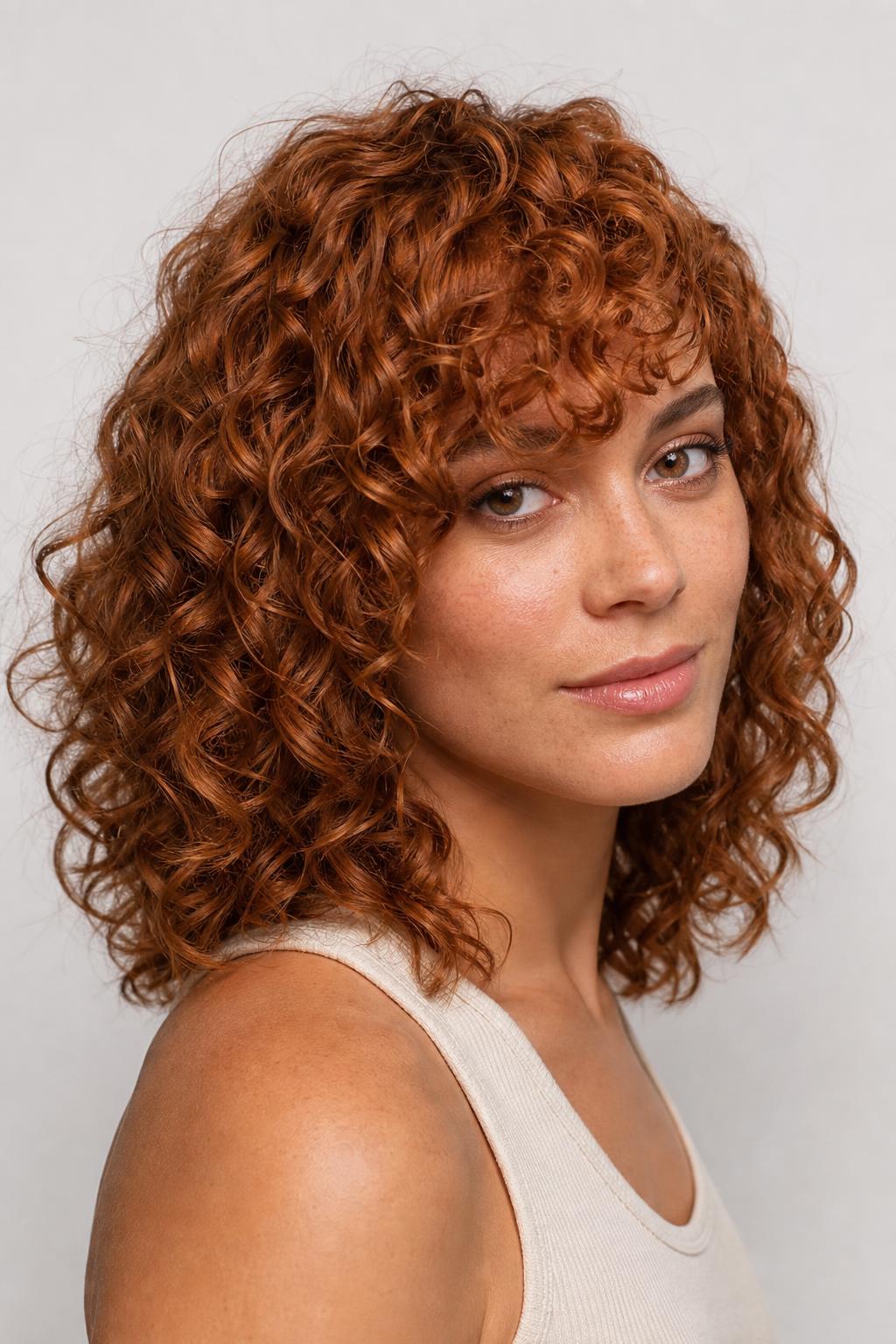 Copper 3A Curls with a Diagonal Side-Swept Fringe