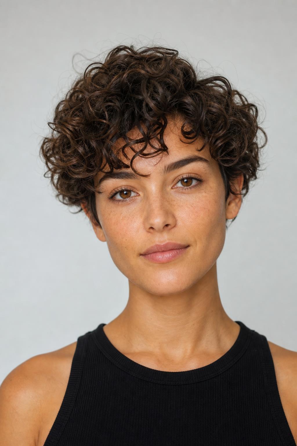 Curly Bixie Pairing a Layered Top with Cropped Sides
