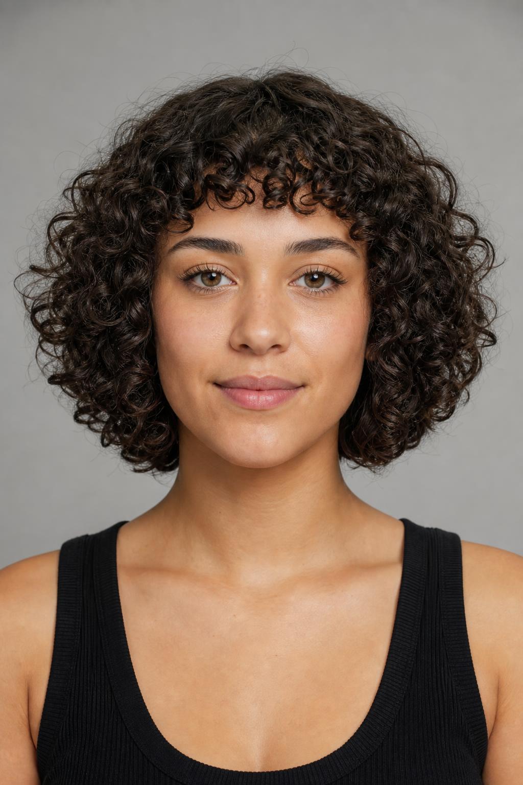 Curly Bob Topped with a Piecey High Micro Fringe