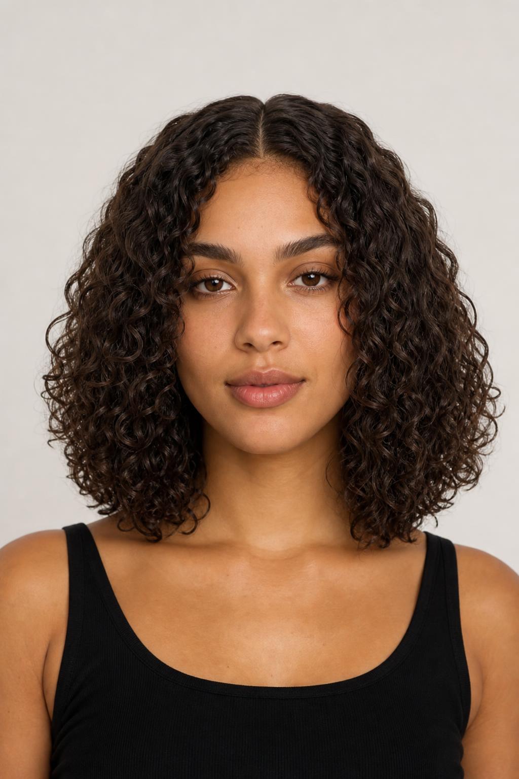 Center-Parted Curly Lob with Symmetrical Spiral Fall