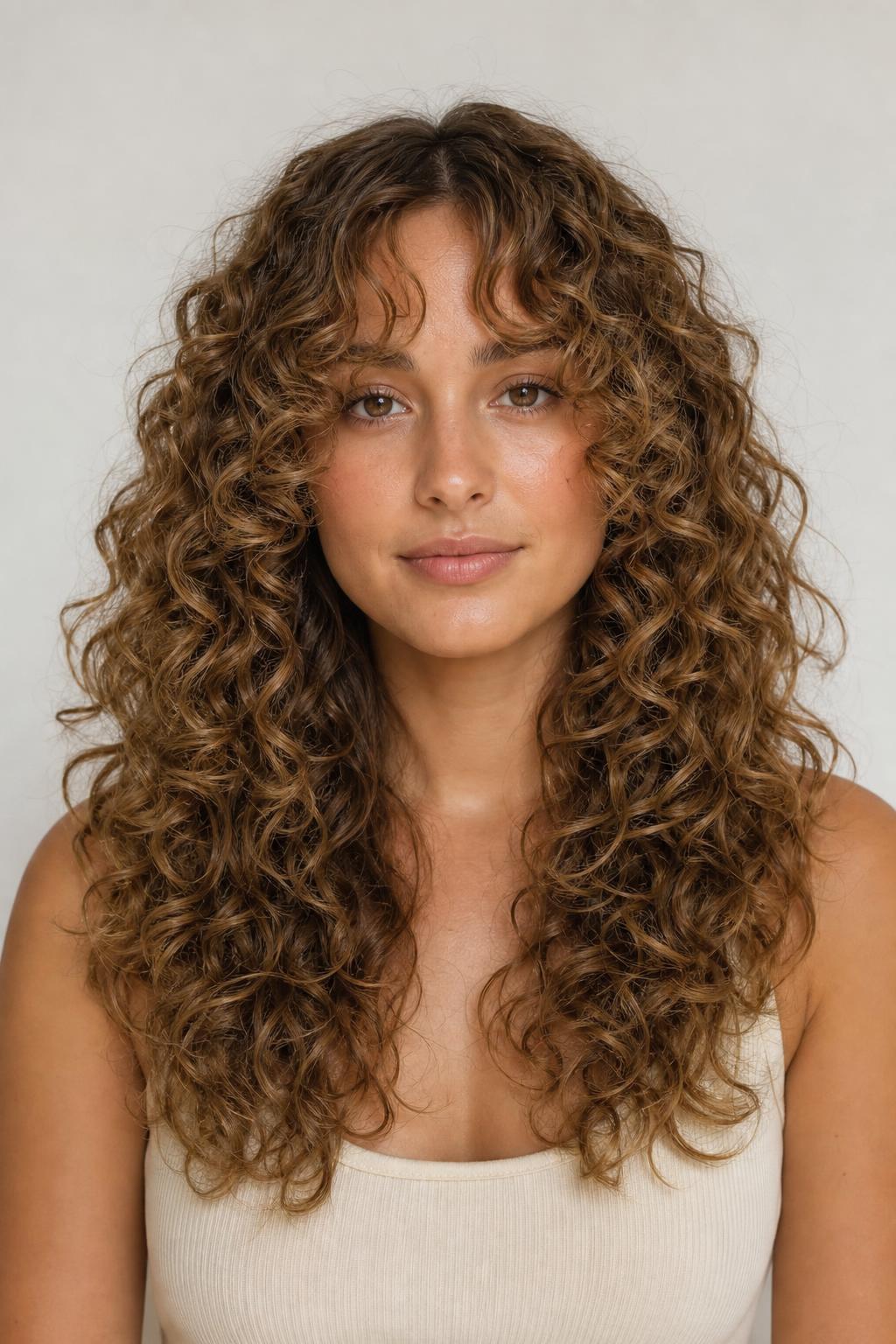 Long Tiered 3A Curls with a Center-Parted Curly Curtain Fringe