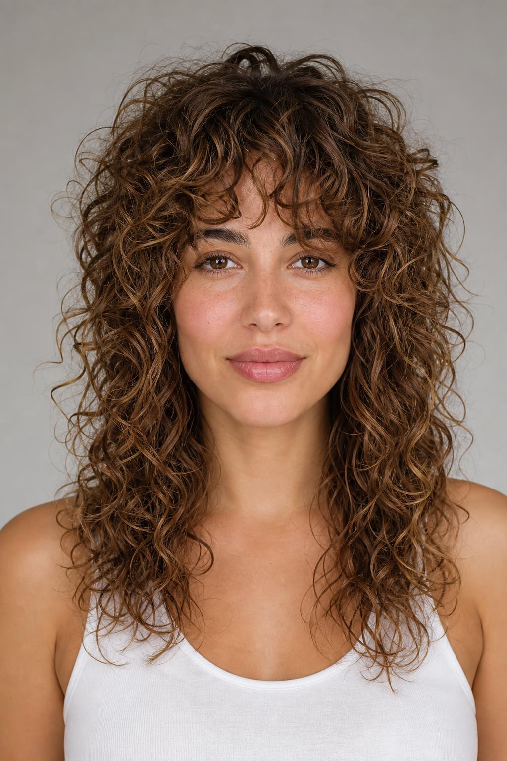 Long Curly Shag Lifting Volume at the Crown for a Round Face