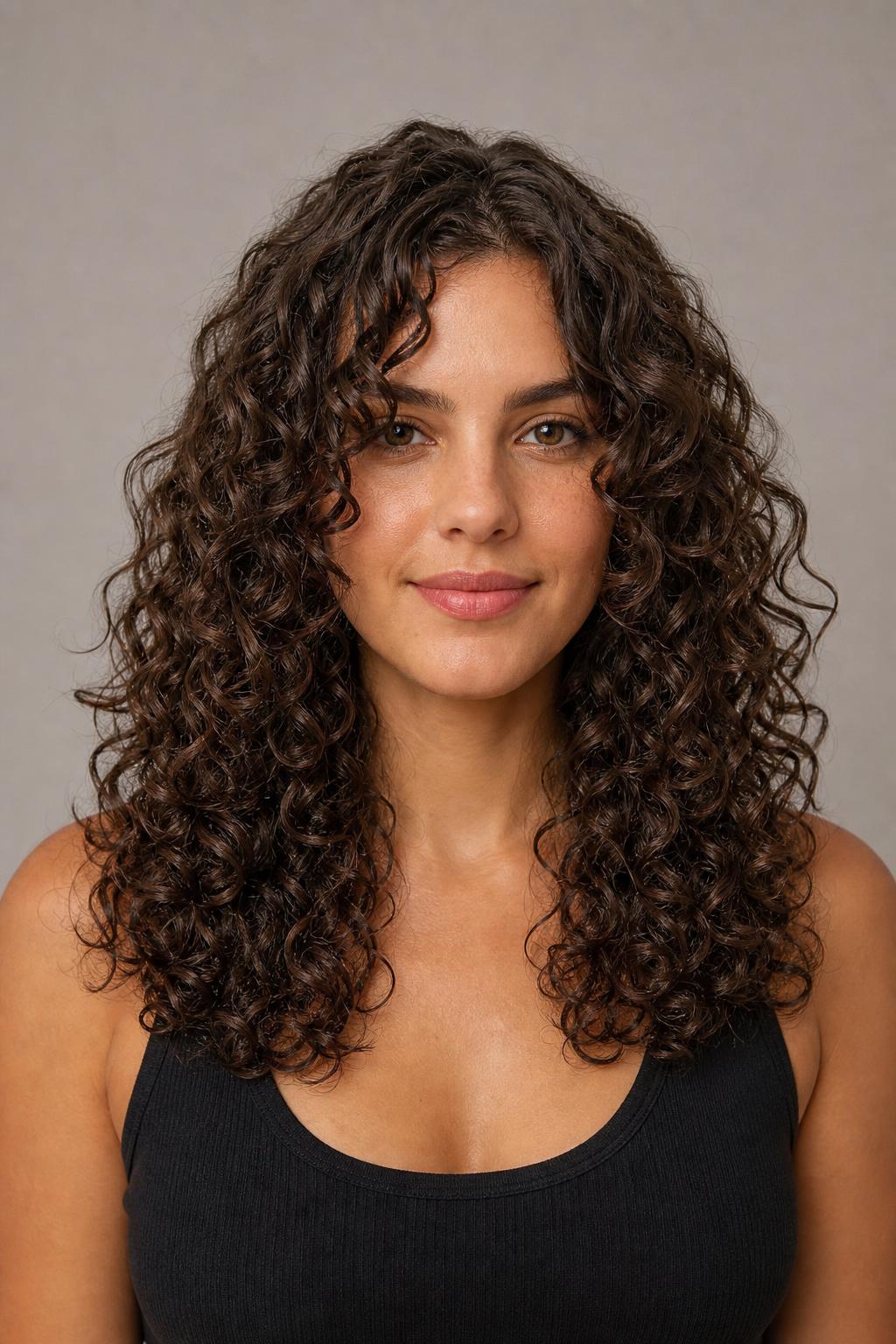 Long Rounded Curly Layers on 3A Hair with an Oval Silhouette