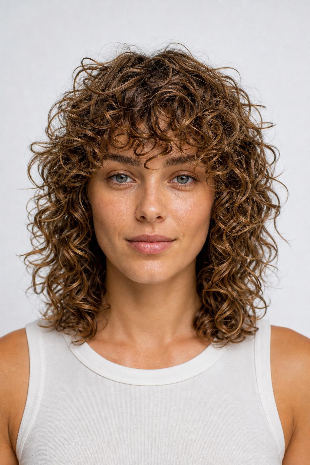 Gel-Scrunched Shoulder-Length Curly Shag with Crown Volume