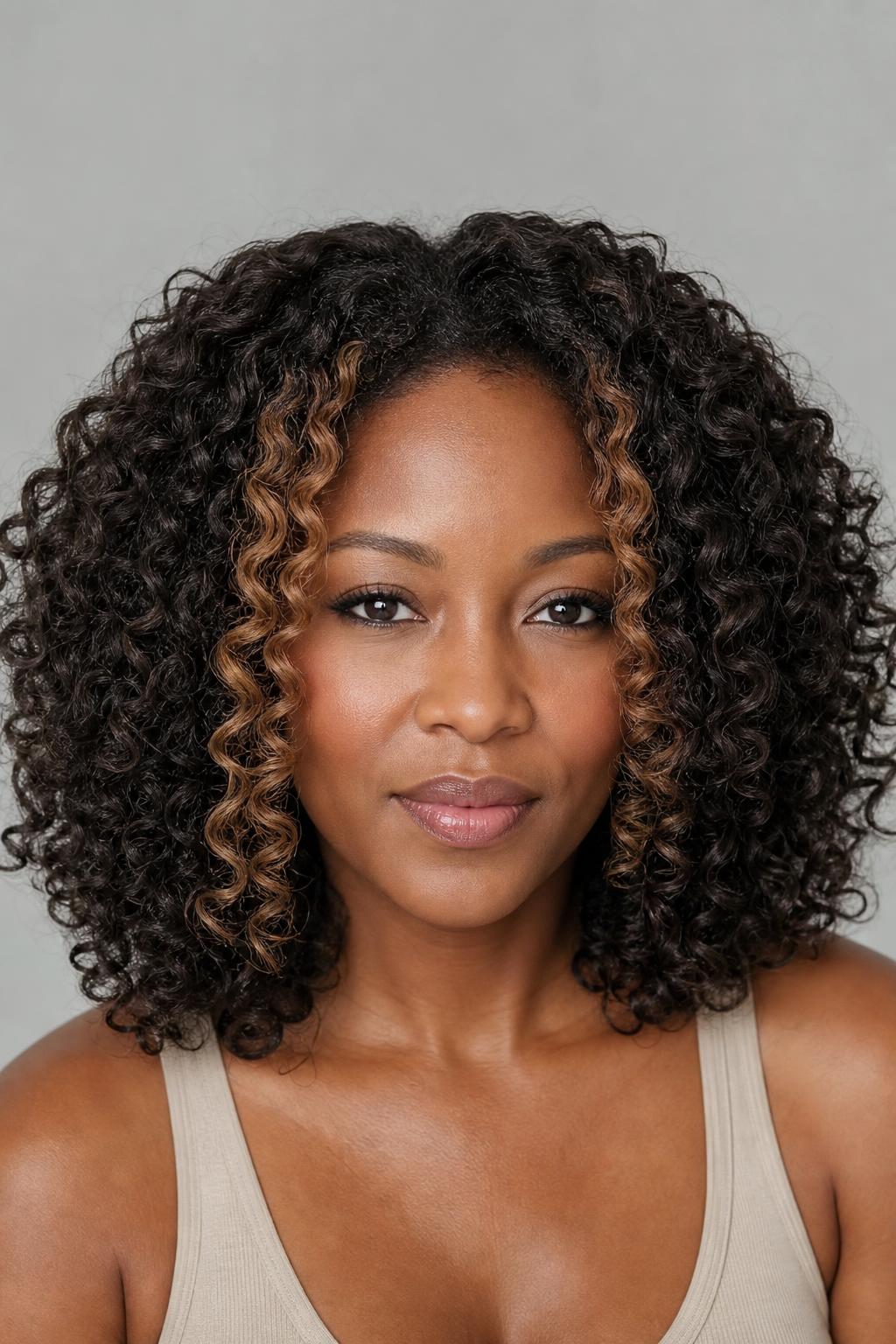 Two Caramel Face-Framing Pieces Woven Through Dark 3C Curls