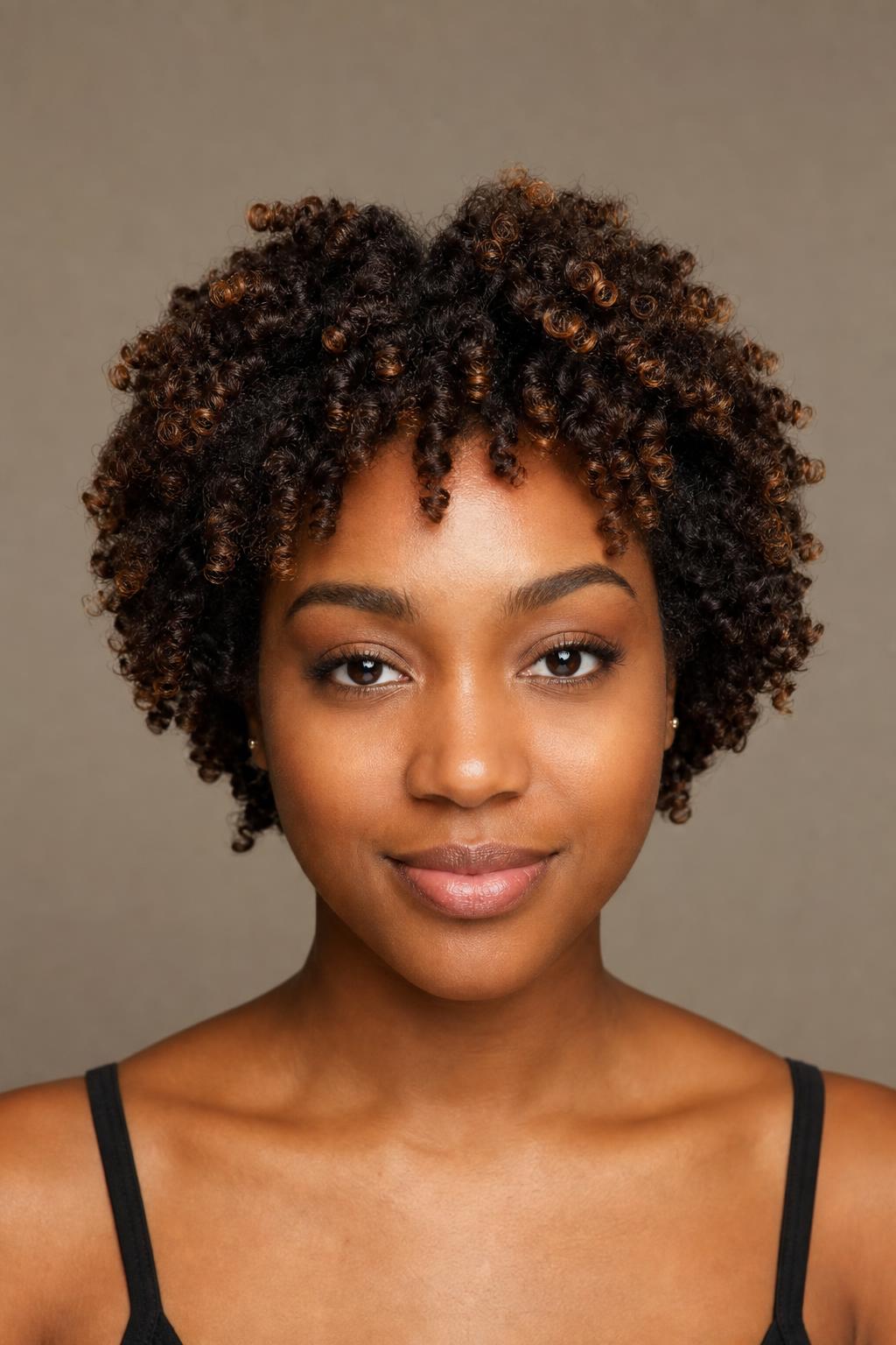 Copper Highlights Placed on the Outer Coils of a Short Curly Cut