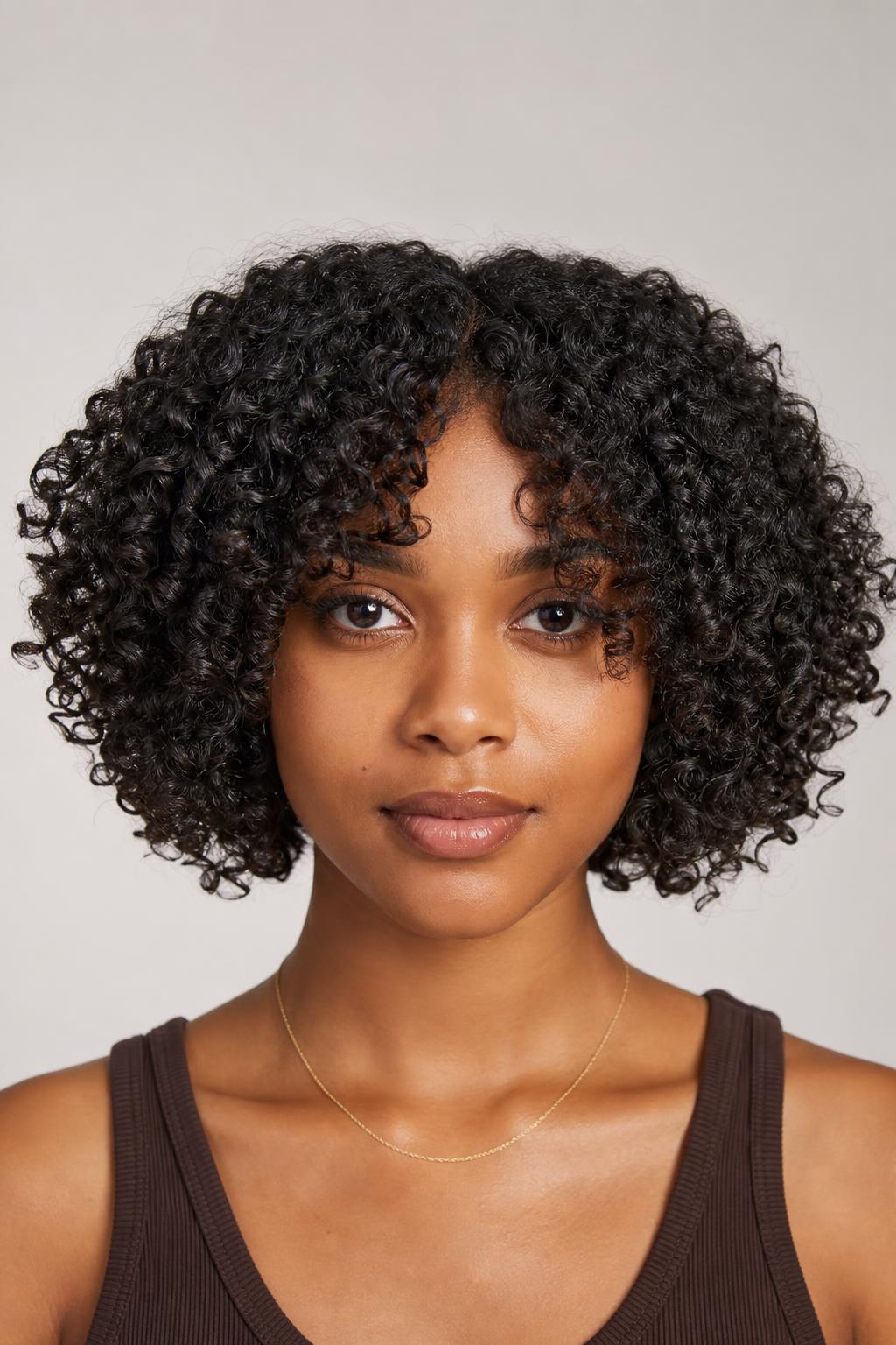 Curly Curtain Bangs Framing a Chin-Length 3C Bob