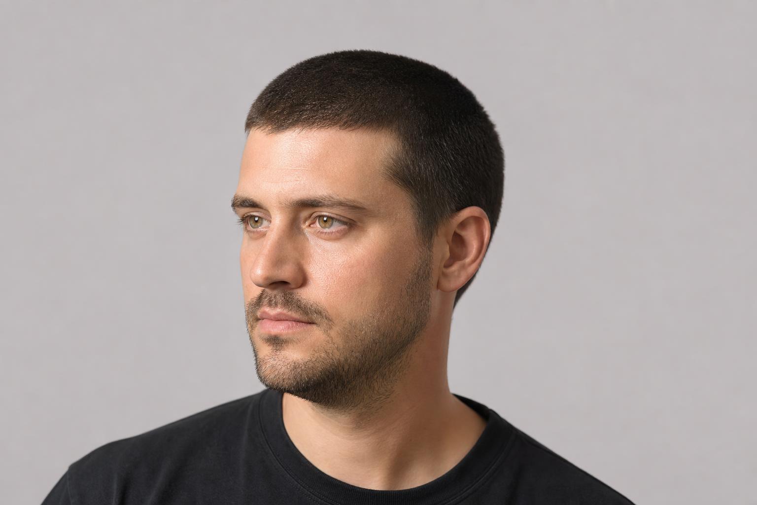 4 Guard Buzz Cut at Half-Inch Length with Even Coverage on Dark Hair