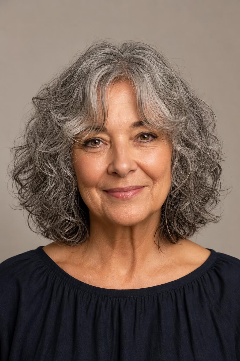 Air-Dried Mid-Length Curls with Cheekbone-Level Curtain Bangs on Gray Hair