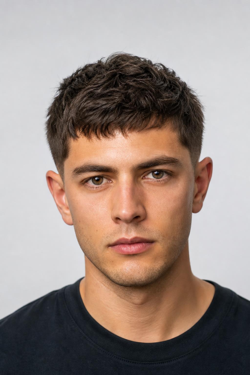 Two-Inch Textured Crop with a Tapered Side on Straight Dark Brown Hair