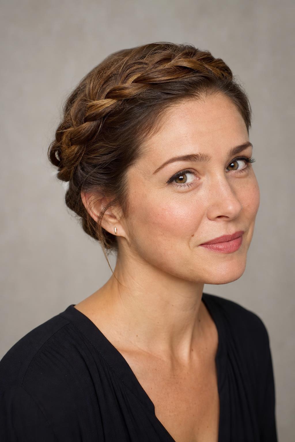 Braided Crown Wrapped and Pinned Around the Head on Medium Brown Hair