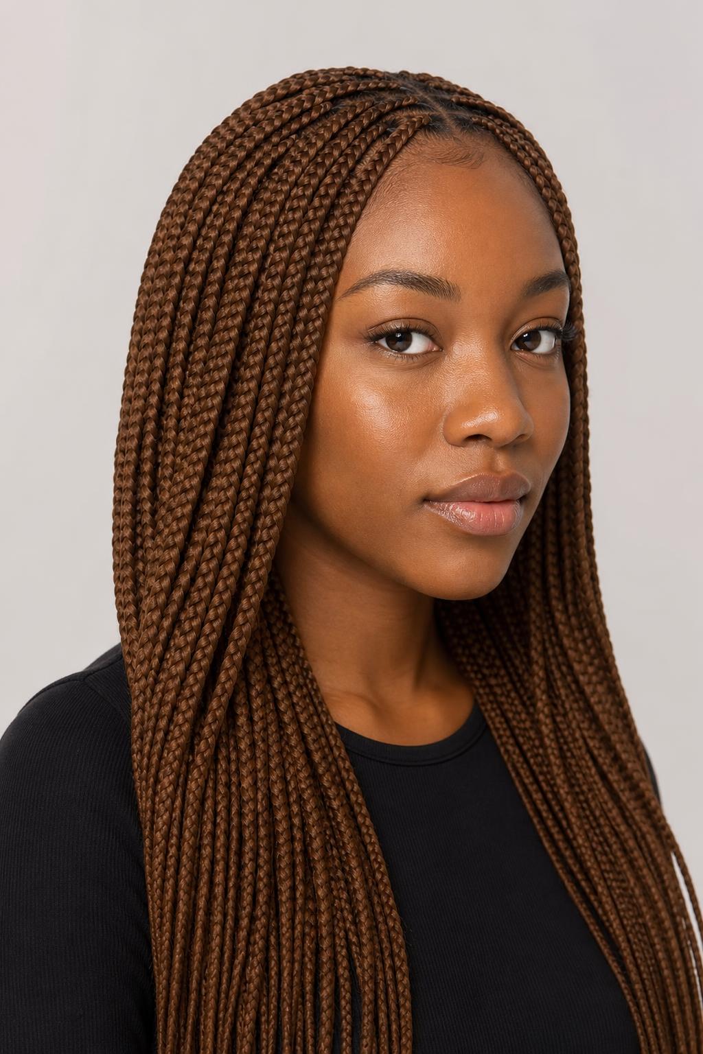Long Braids in a Warm Honey Brown Shade with Even Depth Throughout