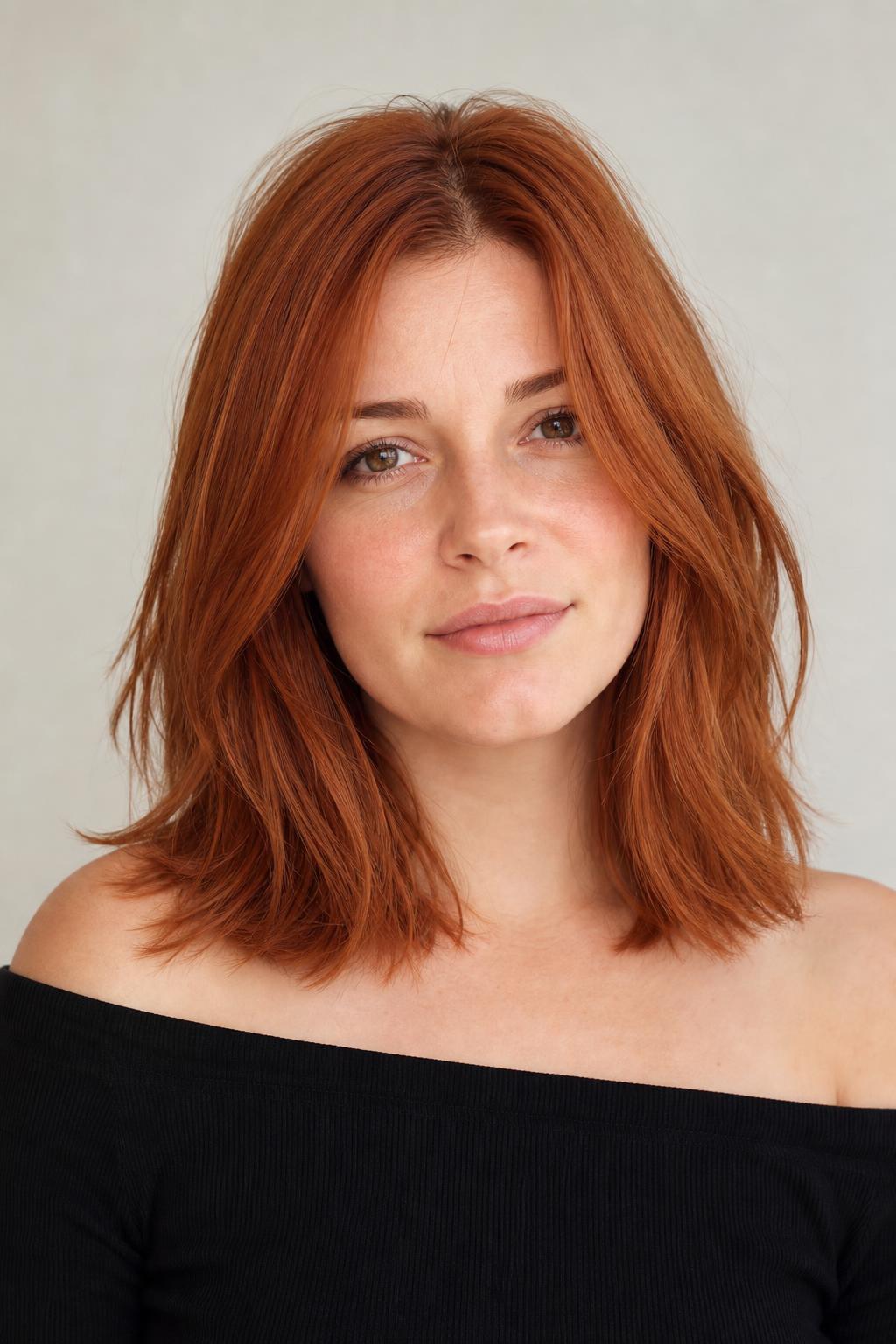 Vibrant Copper Hair with Even Tone Worn Loose in Bright Daylight