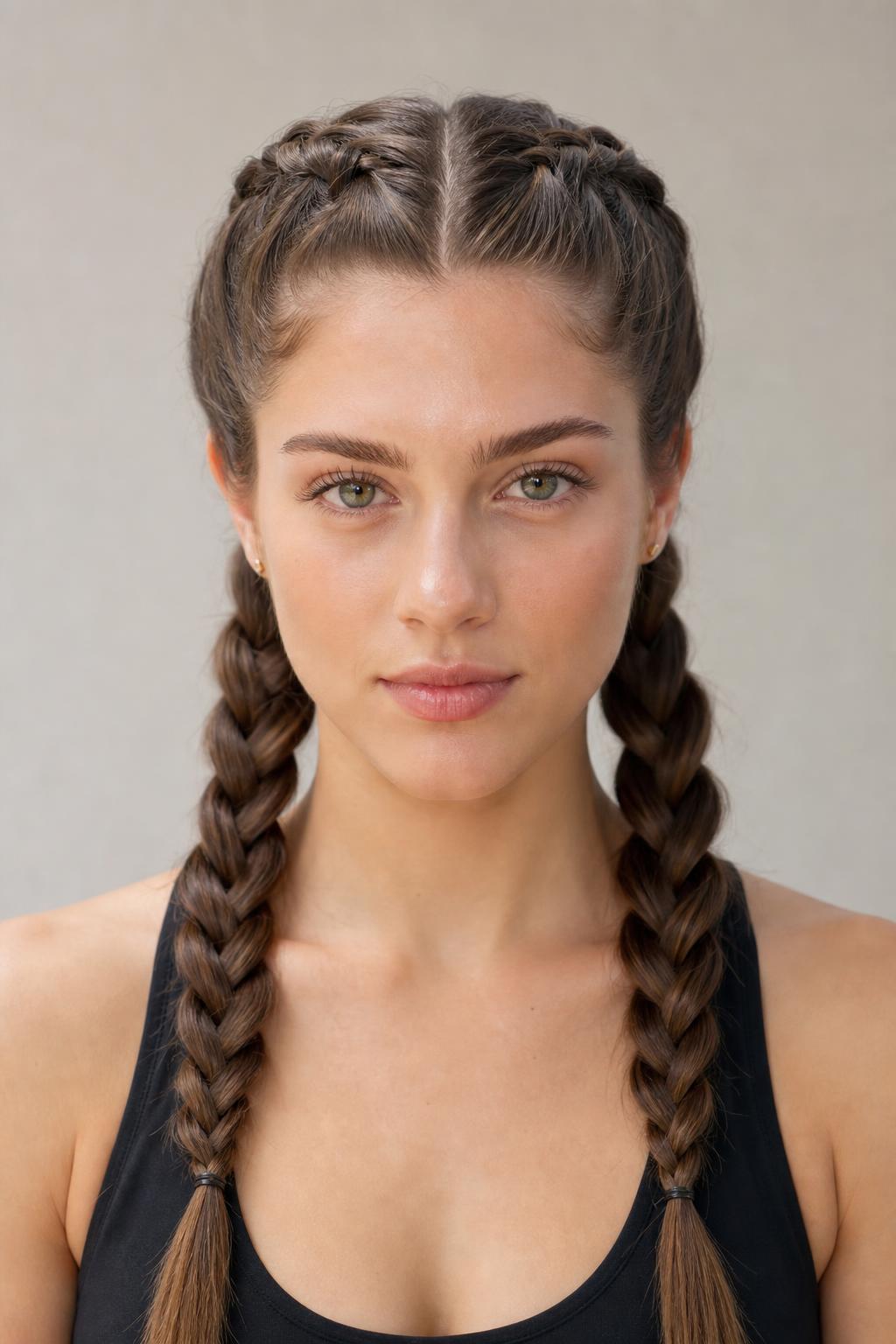 Two Raised Dutch Braids Running from the Hairline to the Ends on Brown Hair
