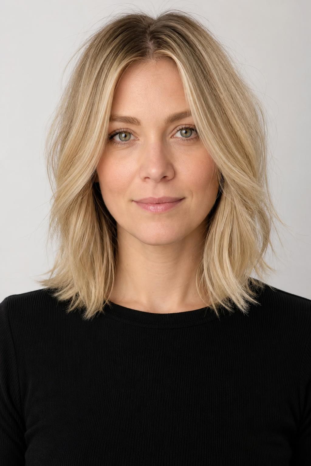 Fine Light Blonde Hair Worn Down with Root Structure in Humid Air