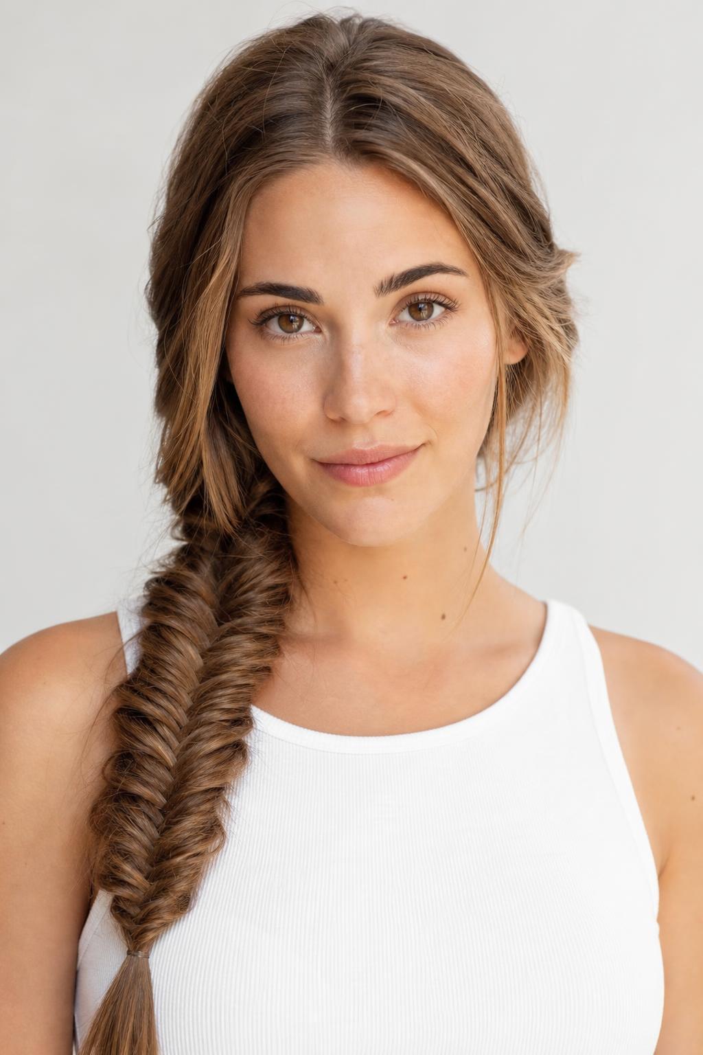 Fishtail Braid Draped Over One Shoulder on Long Light Brown Hair