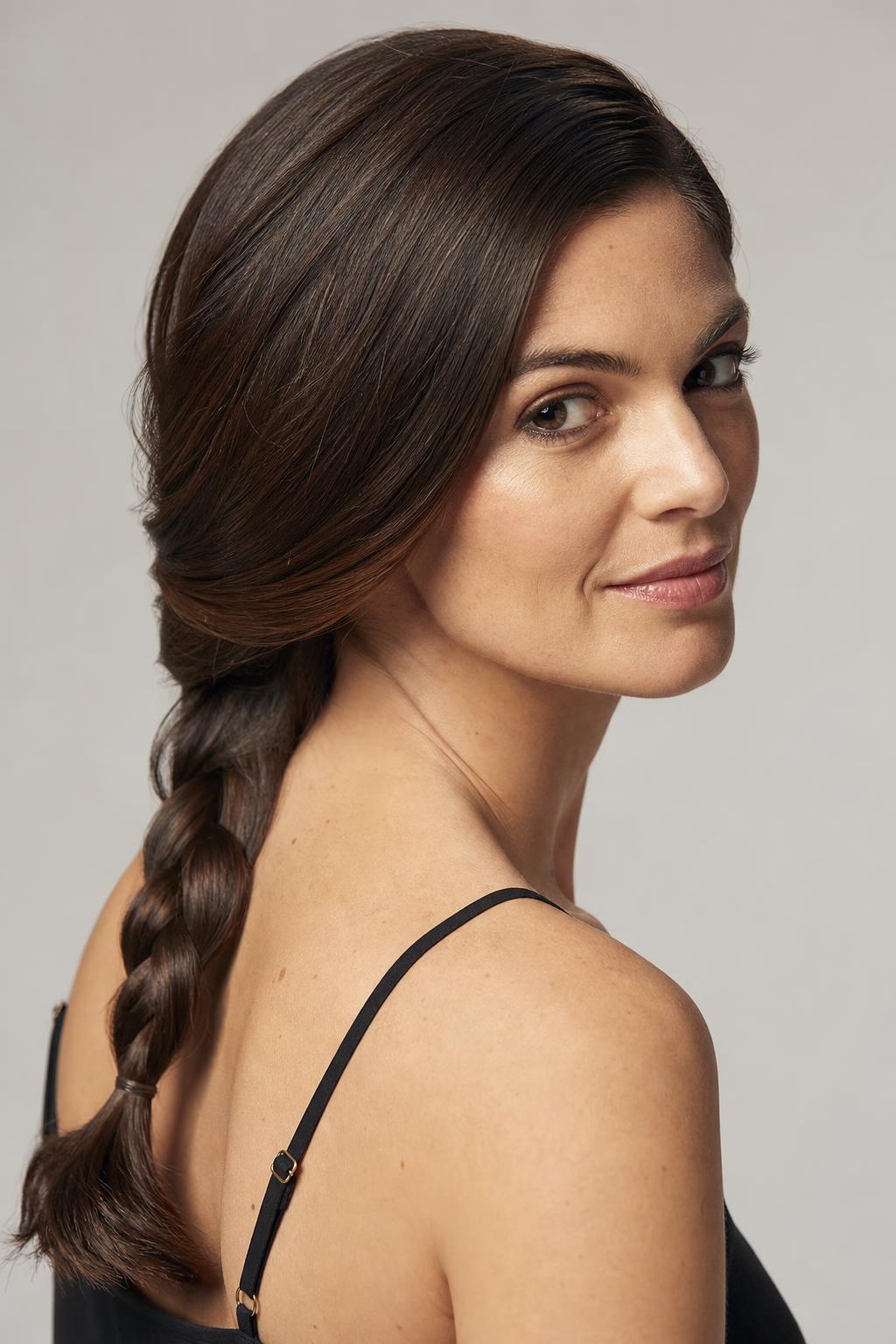 Glossy Braided Style with Rich Even Brunette Color and High Shine