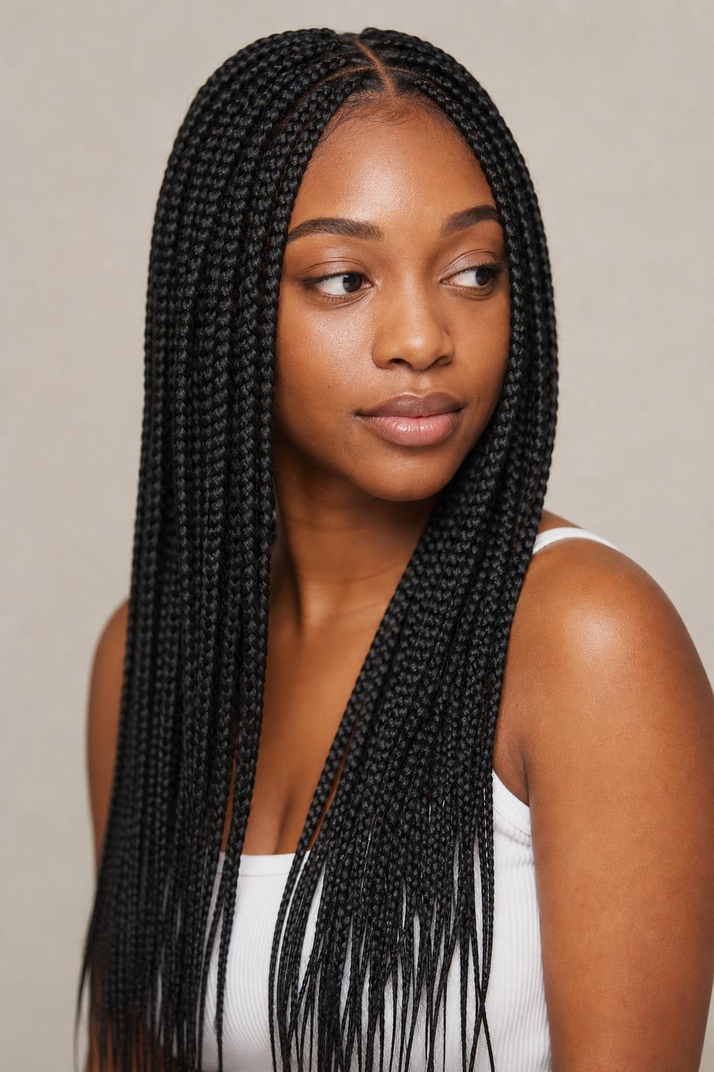 Mid-Back Length Knotless Box Braids with Flat Tension-Free Roots
