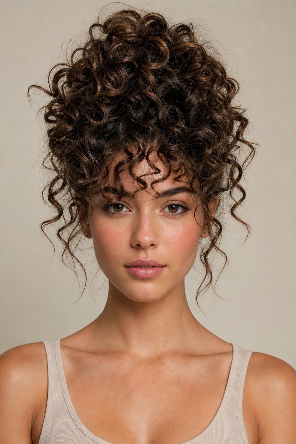 Loose Pineapple Bun with Curls Falling Forward on Defined Ringlets