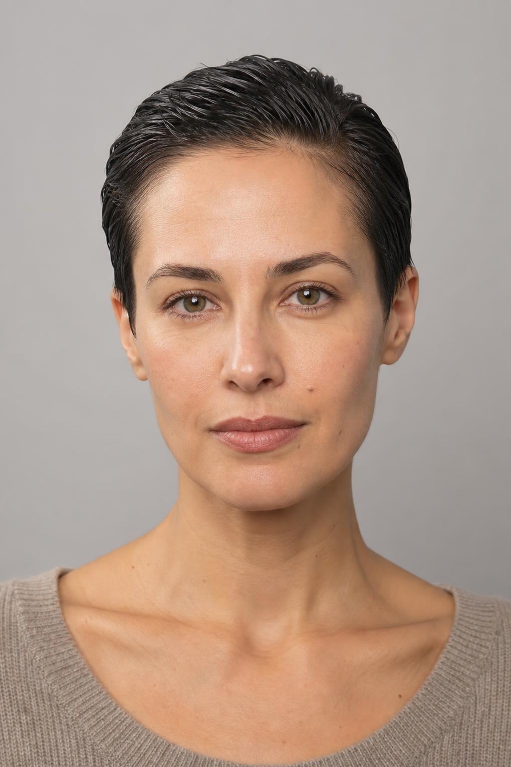 Slicked-Back Wet-Look Pixie with Length Combed Flat on Top