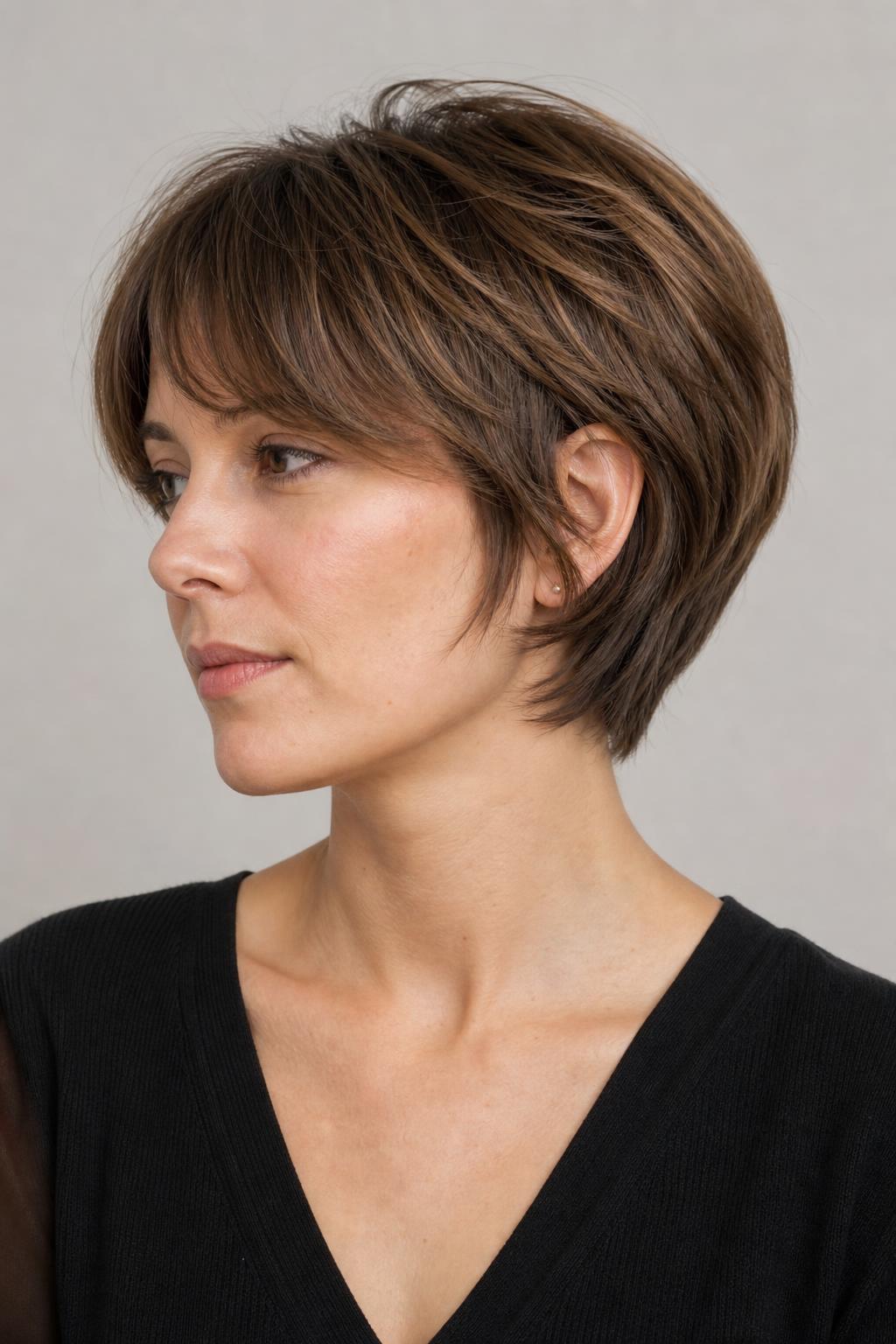 Bixie Cut with a Rounded Outline Covering the Ears and a Soft Nape