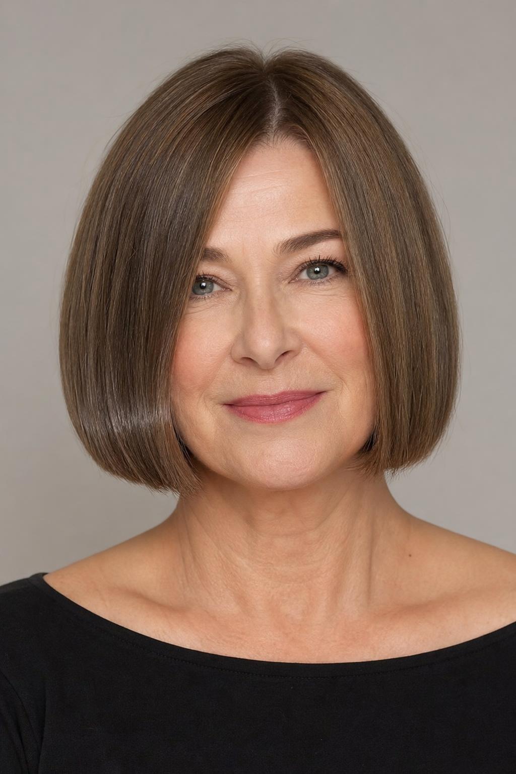 Jaw-Length Blunt Bob in a Cool Ash Tone with High Shine at the Ends
