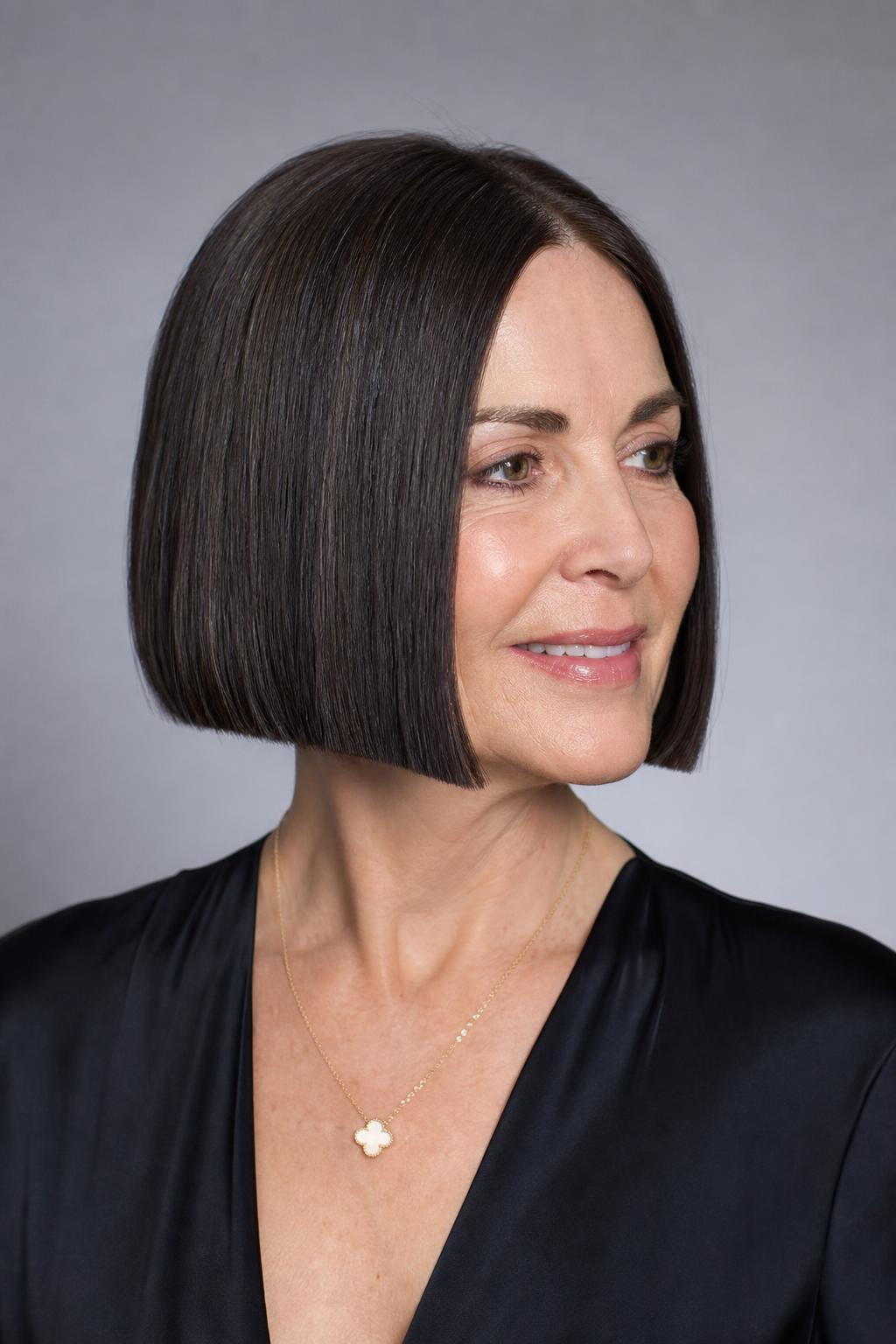 Sharp Blunt Bob with a Crisp Freshly Cut Bottom Line on Dark Hair