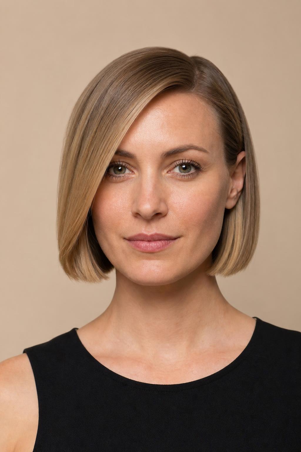Blunt Bob Cut to One Line at the Jawbone on Fine Dark Blonde Hair with a Side Part