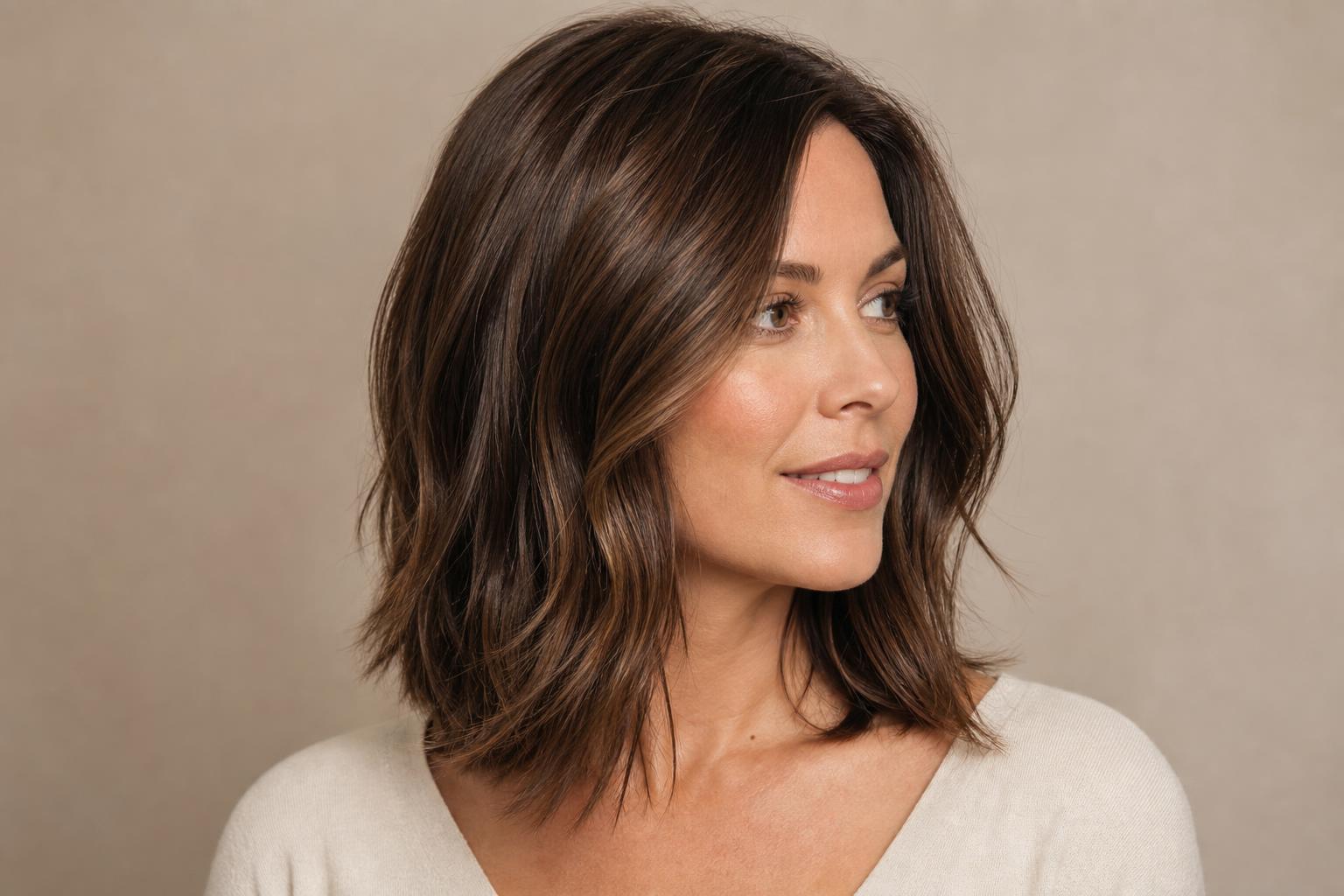 Glossy Shoulder-Length Brown Hair with Subtle Highlights after a Bond Treatment