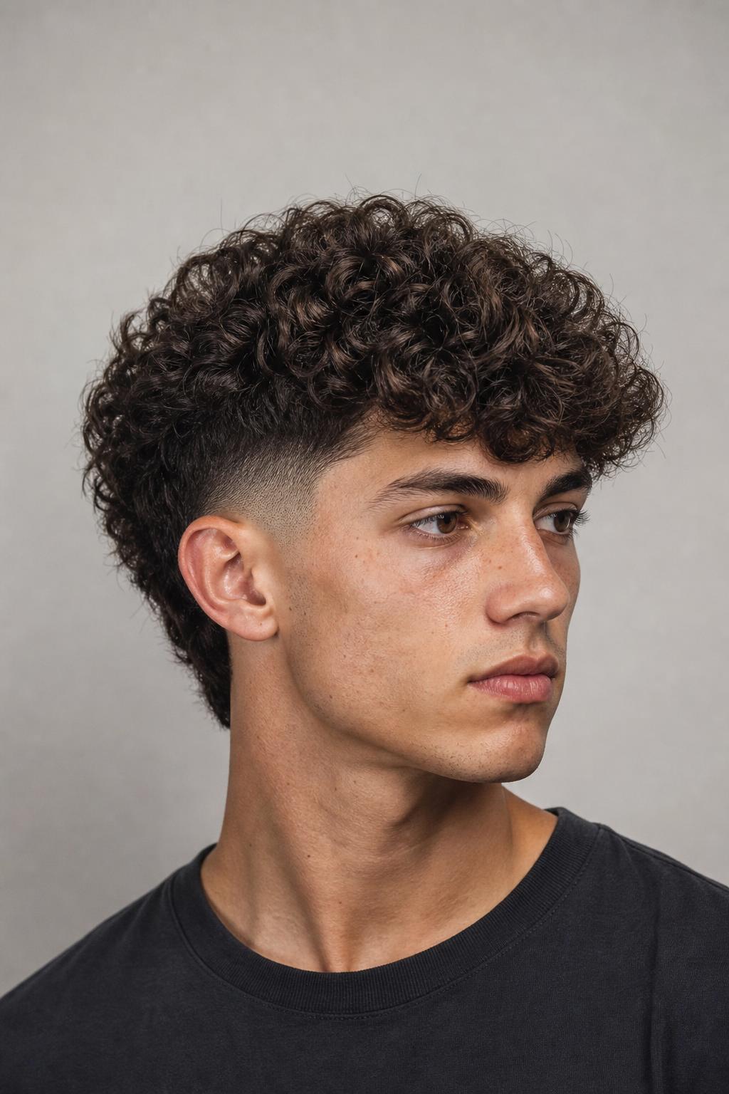 Burst Fade Curving Behind the Ear Beneath a Tall Curly Top