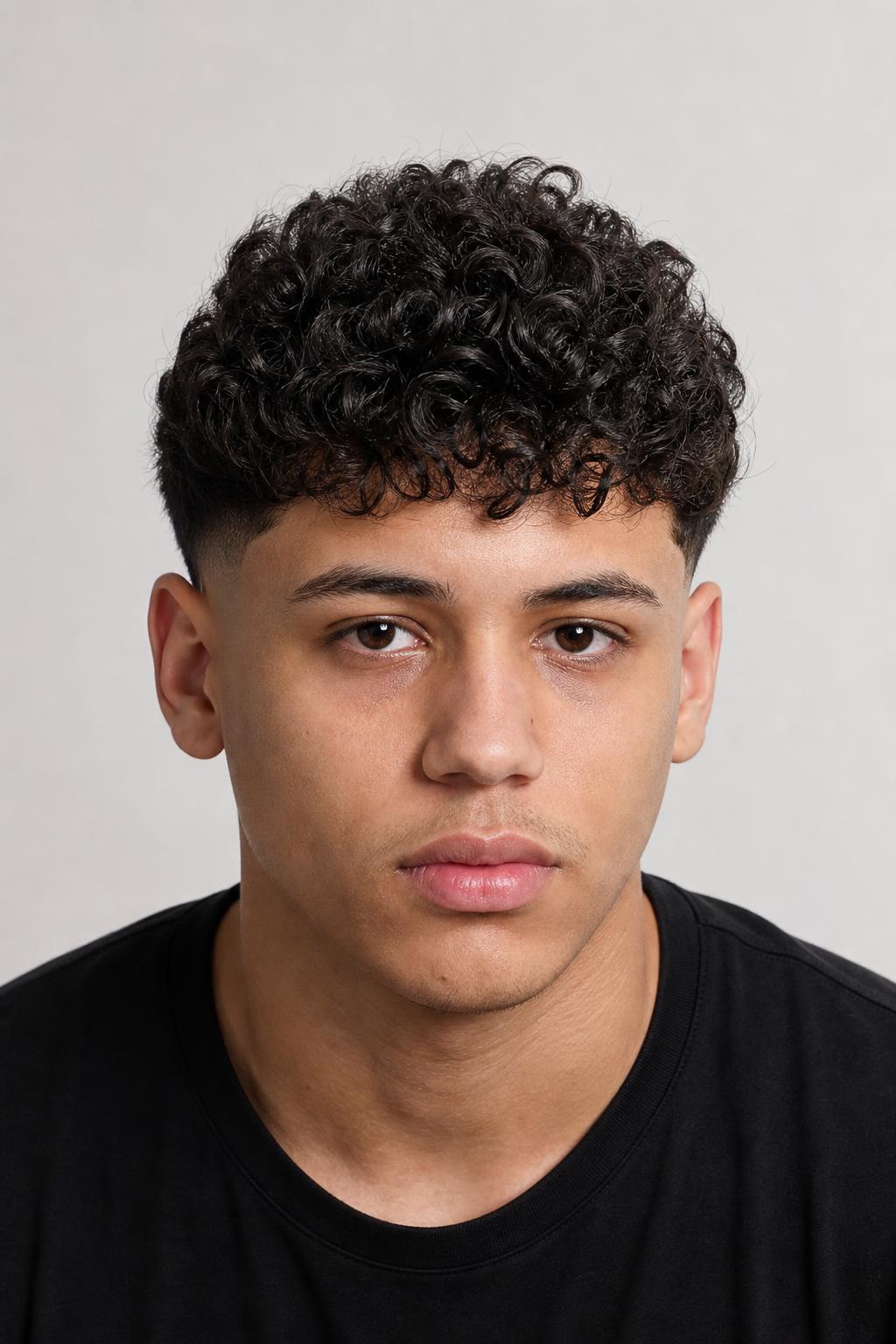 Drop Fade Arcing Behind the Ear with a Tall Narrow Curly Top on a Round Face