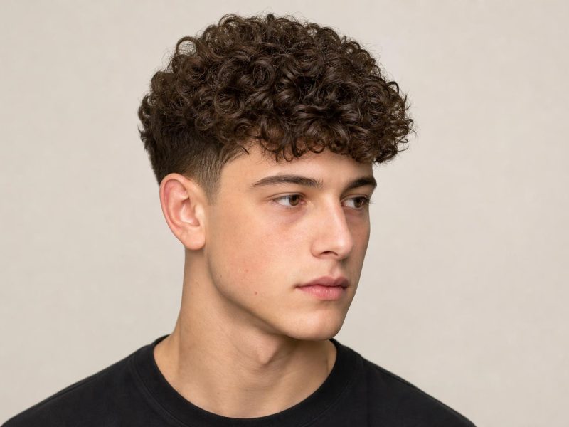 Rounded Curly Top over a Low Taper Fade on Dark Brown Hair