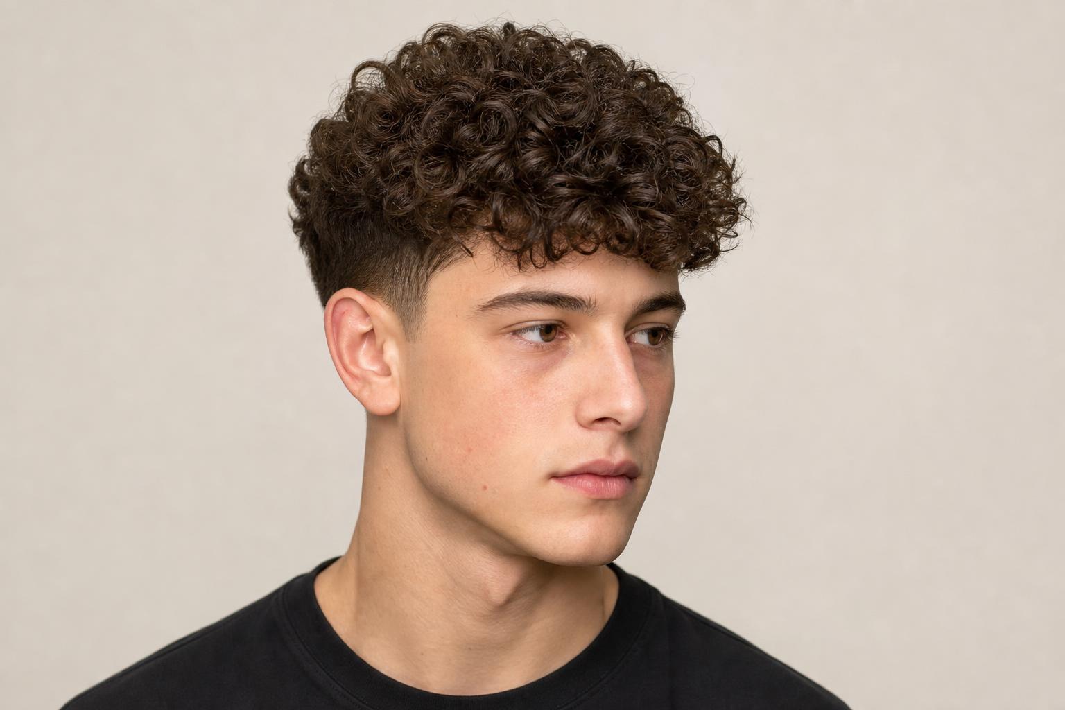 Rounded Curly Top over a Low Taper Fade on Dark Brown Hair