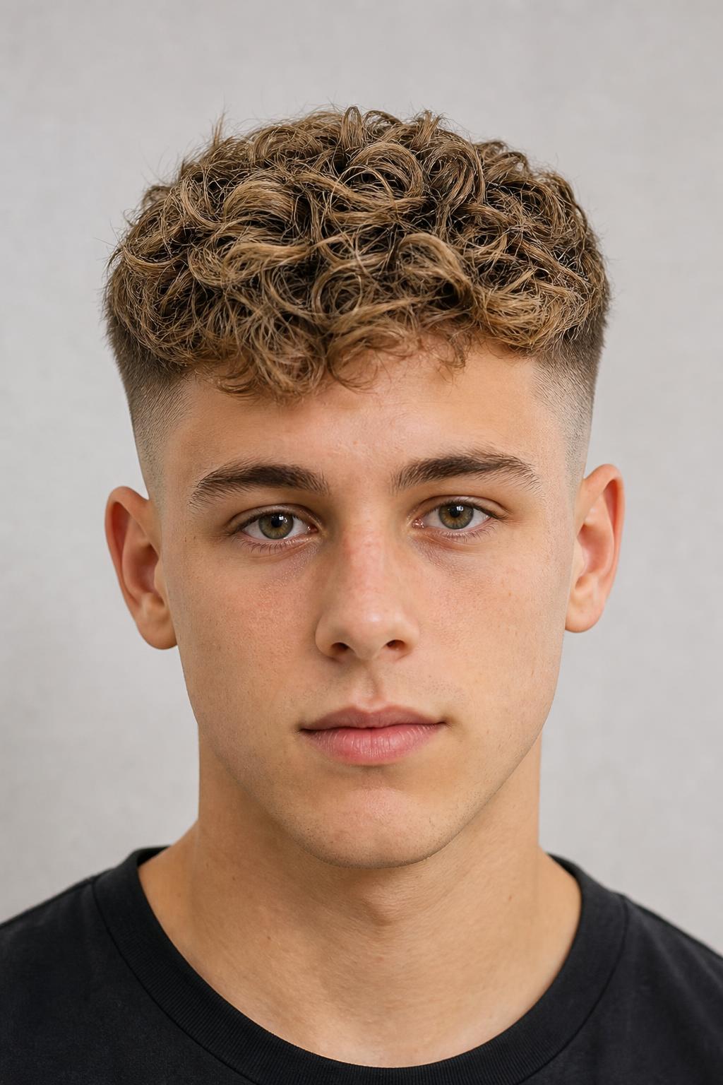 Honey-Lightened Curly Top over a Clean Skin Fade on Short Sides
