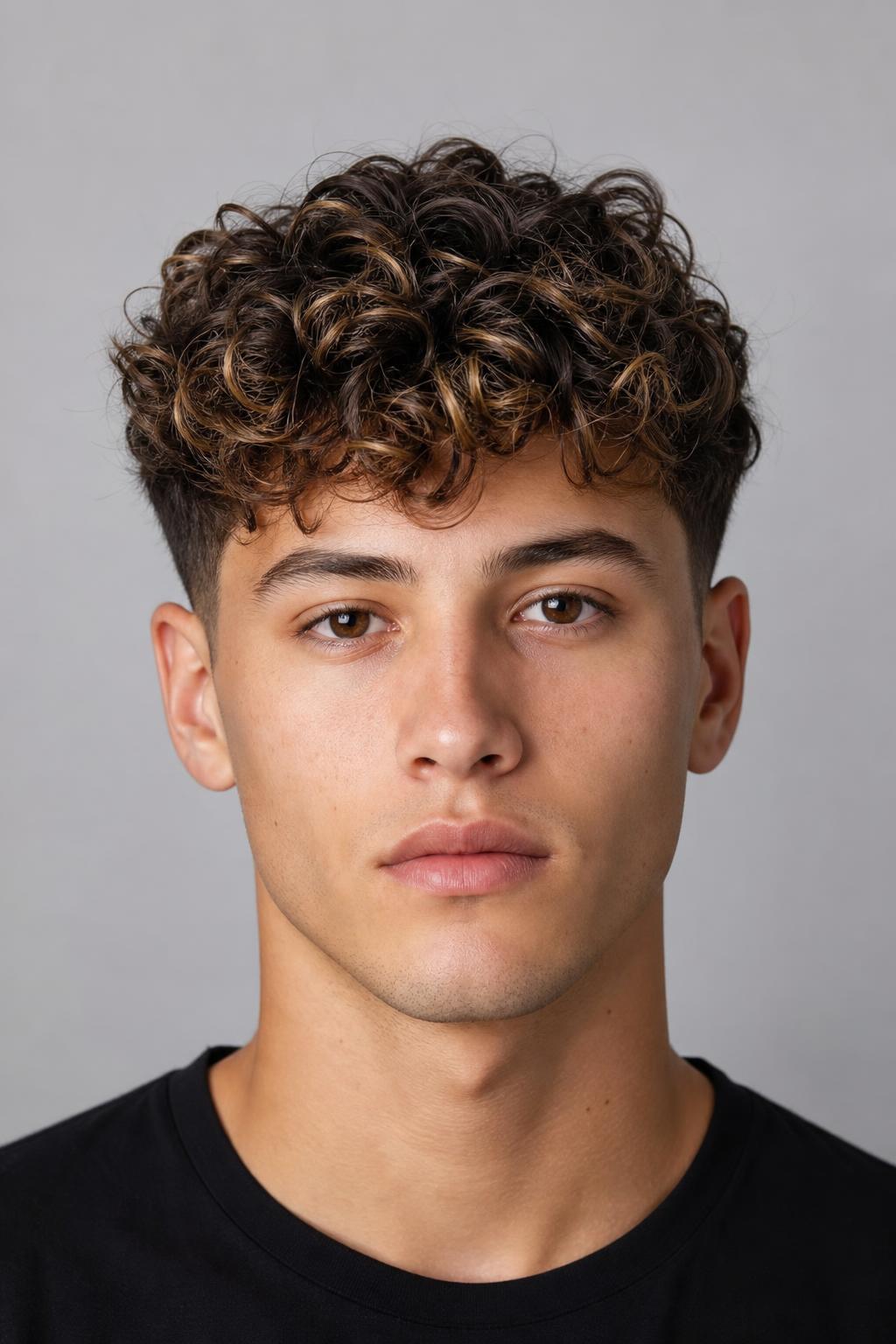 Dark Permed Curls with Lighter Sun-Kissed Tips over Short Sides