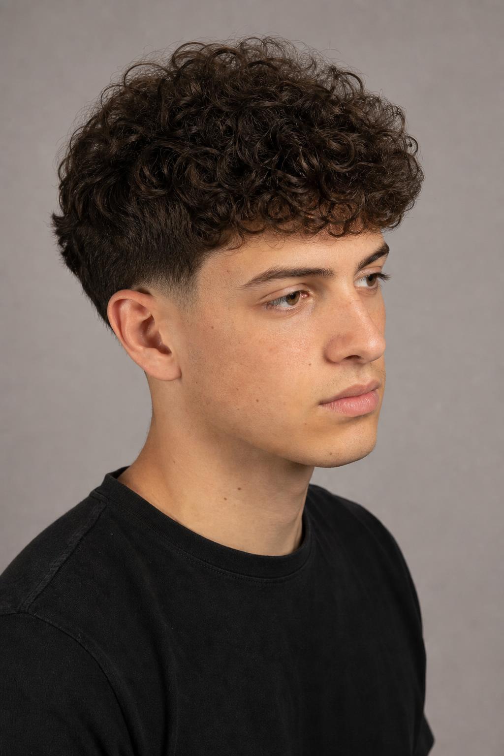 Low Taper Starting Above the Ear Under a Full-Length Curly Top
